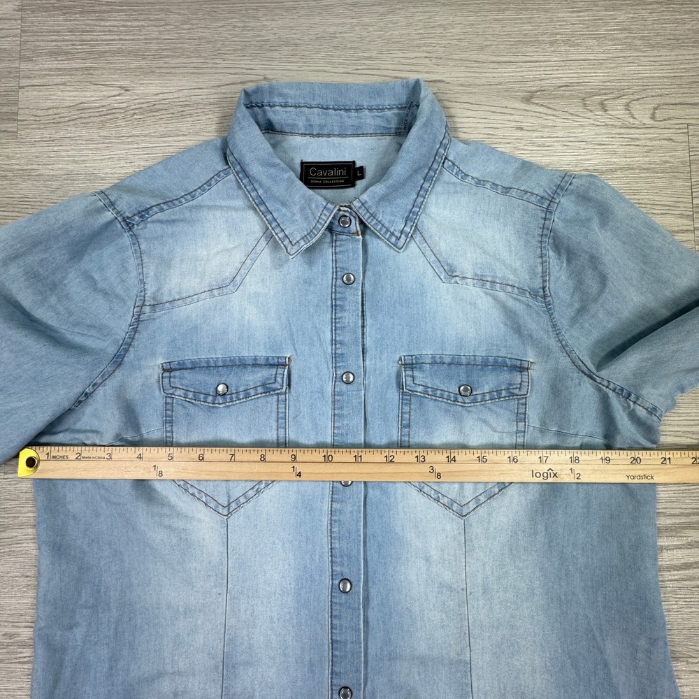 Cavalini Womens Denim Shirt Light Wash Large Western Snap Button Roll Tab Sleeve - Picture 4 of 7